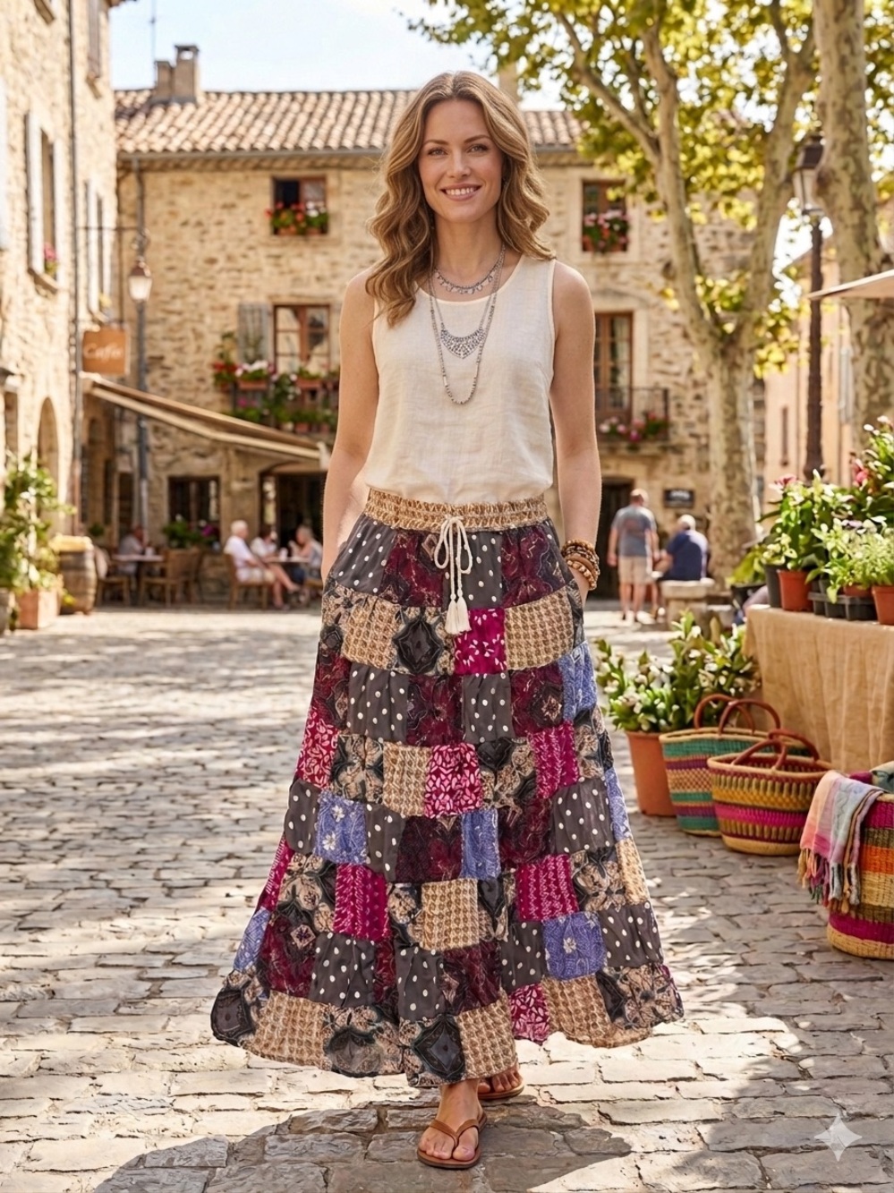 Y2K Boho Patchwork Tiered Maximalist Floral Maxi Skirt OS Shabby Chic Prairie - Picture 4 of 11